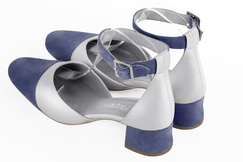 Prussian blue and light silver women's open side shoes, with a strap around the ankle. Round toe. Low flare heels. Rear view - Florence KOOIJMAN
